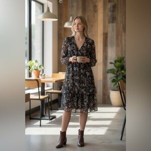 ELENA BALDI Floral silky Midi Dress with V-Neck, size Medium